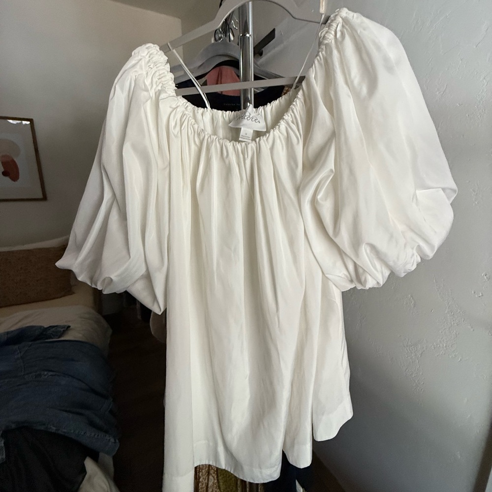 Maeve White Ruched Puff Sleeve Blouse
